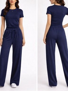 Navy Short Sleeve Wide Leg Jumpsuit